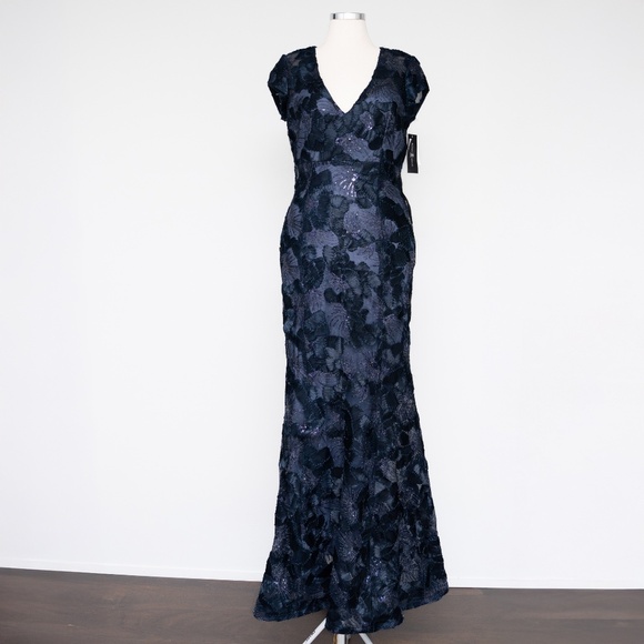 Betsy & Adam - Flower Embroidered Cap Sleeve Gown - Picture 2 of 14